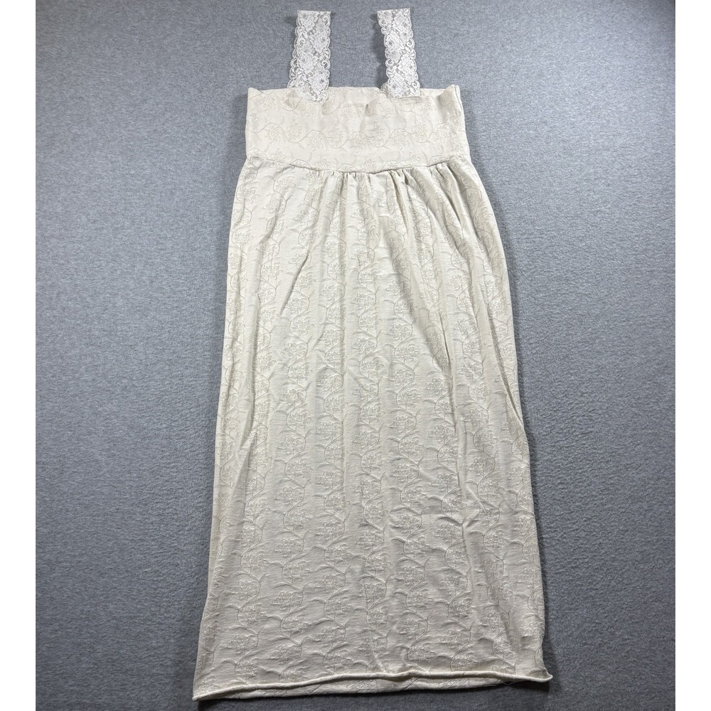 Vtg 70s Floral Jacquard Maxi Dress Lace Strap Empire Waist Cottagecore Cream XS